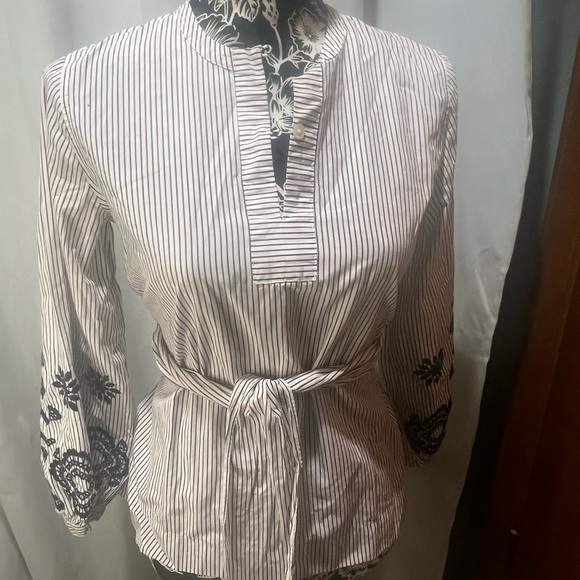 J. Crew Gray Tie Front Embellished Blouse with Mandarin Collar - Picture 2 of 8